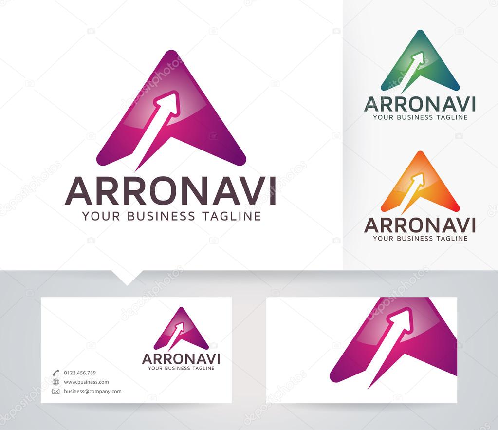 Letter A - Arrow Navigation vector logo with alternative colors and business card template
