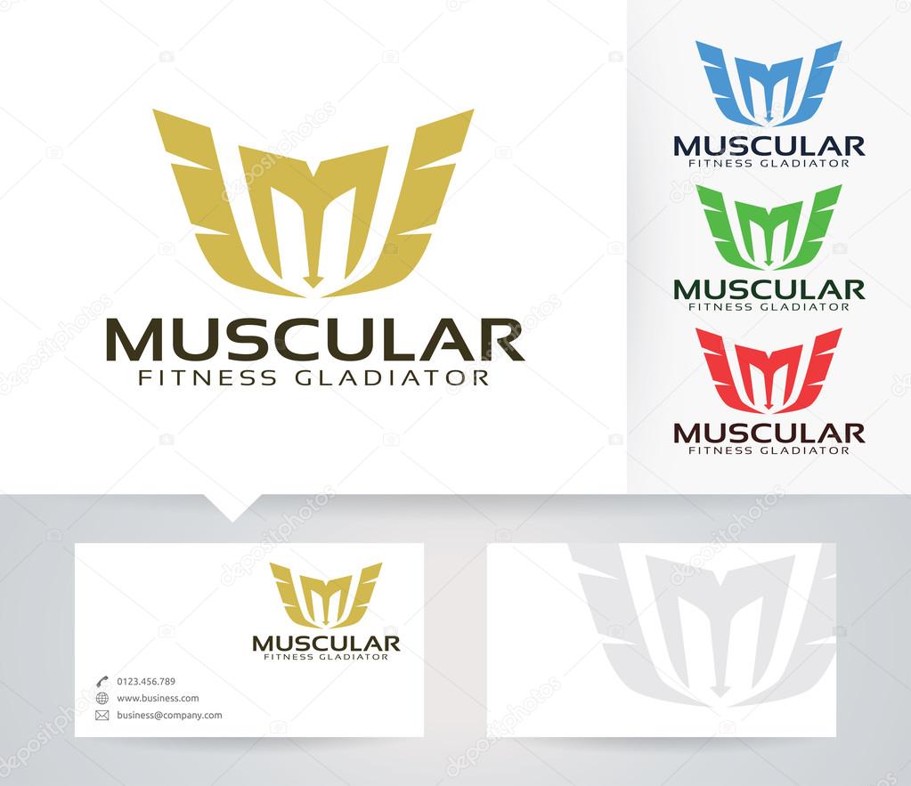 Letter M - Muscle Fitness Gladiator vector logo with alternative colors and business card template