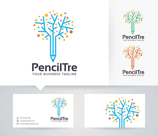 Pencil Tree vector logo with business card template — Stock Vector