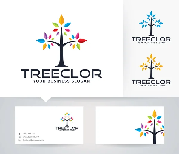 Träd färg vektor logotyp med alternativa färger och visitkort mall — Stock vektor
