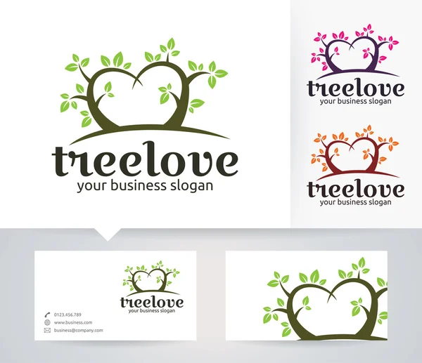 Tree Love vector logo with alternative colors and business card template — Stock Vector