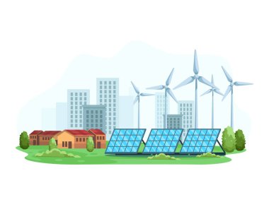 Yenilenebilir enerji kavramına sahip şehir manzarası. Yeşil enerji, çevre dostu güneş enerjisi ve rüzgar türbini. Temiz ve alternatif enerji, akıllı şehir konsepti. Düz bir şekilde vektör illüstrasyonu