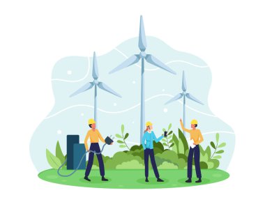 Yenilenebilir enerji vektör konsepti. Döner yel değirmenleri, rüzgar türbinleri ve mühendis karakterli alternatif enerji kaynağı. Yeşil ve çevre dostu enerji. Düz bir biçimdeki vektör
