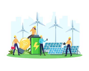 Vektör çizimi yenilenebilir enerji konsepti. Güneş panelleri ve rüzgar türbinleriyle yenilenebilir elektrik santrali. Yenilenebilir kaynaklardan gelen temiz elektrik enerjisi güneş ve rüzgar. Düz bir biçimdeki vektör