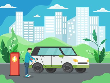 Vektör illüstrasyon elektrikli araba konsepti. Rüzgâr türbini ve güneş panelinin önündeki şarj istasyonunda çalışan adam. Yeşil araç, ekolojik olarak temiz taşıma. Düz biçimli vektör