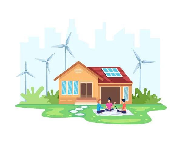 クリーンなエネルギーコンセプトの家 環境に優しい住宅太陽光と風力発電 代替エネルギーの概念 環境に優しい再生可能エネルギーで家の前の人々 平型ベクトルイラスト — ストックベクタ