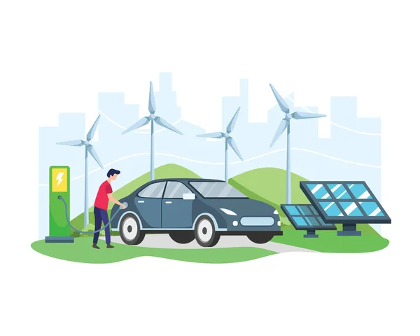 ベクトルイラスト電気自動車のコンセプト 風力タービンと太陽光パネルの前の充電ステーションで電気自動車を充電する男 緑の車 生態学的にきれいな輸送 平型ベクトル — ストックベクタ