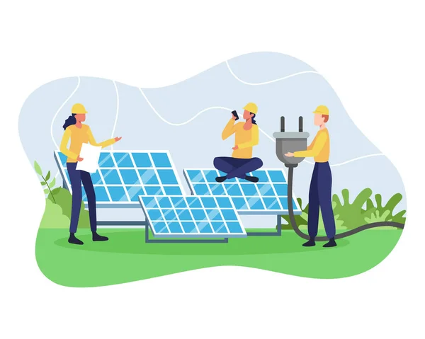 再生可能エネルギーのベクトル概念 ソーラーパネル ソーラーパネルパワー エンジニアキャラクターを備えた代替エネルギー資源 緑と環境に優しいエネルギー 平面状のベクトル — ストックベクタ