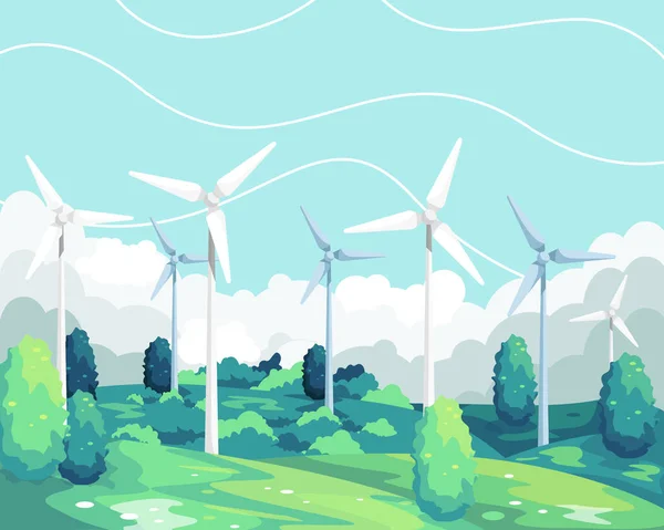 Illustration Vectorielle Énergie Éolienne Renouvelable Paysage Pittoresque Éoliennes Énergie Verte — Image vectorielle