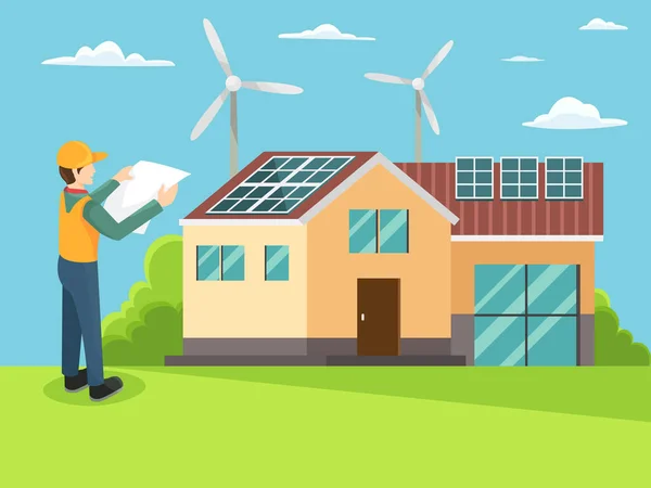 緑のエネルギーの概念を持つ家 グリーンエネルギー環境に優しい家の太陽光と風力発電 代替エネルギー工学の概念 家の上に均一なインストール太陽電池パネルのエンジニア 平型ベクトル — ストックベクタ