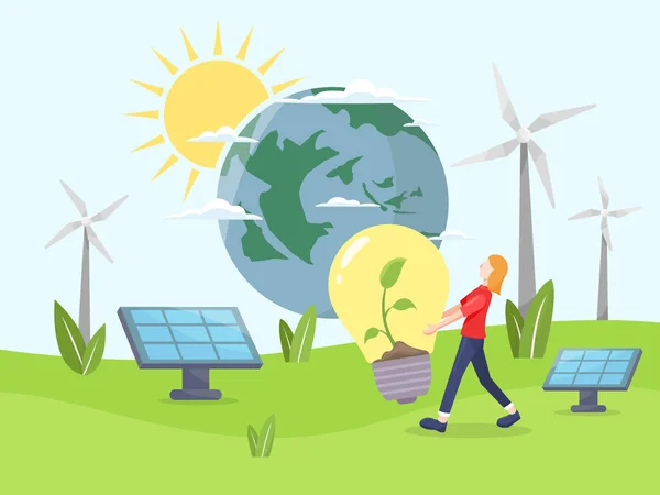 クリーンエネルギーの概念 より良い未来のための再生可能エネルギー 女の子はその中に植物と球根を運びます 環境に優しいエネルギー 太陽光パネルと風力タービン 平面図のベクトル図 — ストックベクタ