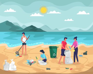 Plaj temizleme vektörü çizimi. İnsanlar çöpleri sahilde poşetlere dolduruyor. Rıhtımdaki plastik çöpleri temizleyen gençler. Gönüllüler okyanus kıyısındaki çöpleri temizliyor. Düz bir biçimdeki vektör