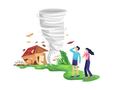 Yıkıcı kasırga çizimi. Kasırga evi yok ederken insanlar korkuyordu ve kendilerini kurtardılar. Kırsal kesimdeki kasırga ağaçları ve binaları yıkıyor. Düz biçimli vektör