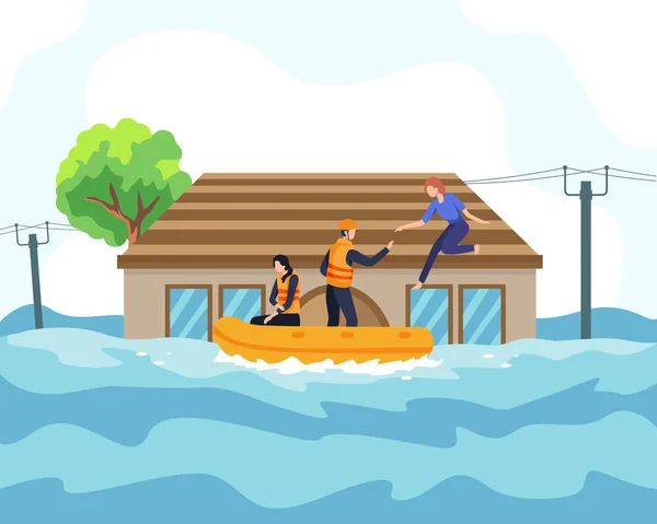 洪水災害イラストコンセプト 救助隊は沈没した家や浸水した道路からボートで人々を助けた 洪水地域や町 自然災害の概念から救われた人々 平面状のベクトル — ストックベクタ