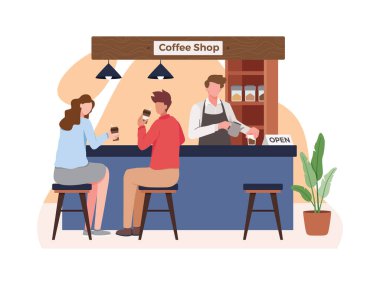 Küçük işletme ve serbest meslek kavramı, Barista kahve yapar. Kahve içip konuşuyoruz. Kahve dükkanı sahibinin, rahat bir kafedeki insanların resmi. Düz biçimli vektör
