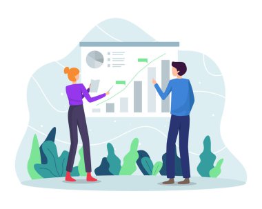 İş veri trafiği, takım çalışması ve başlangıç konsepti. İş akışı kavramı, büyüme analitik konsept çizimi. Düz bir biçimdeki vektör