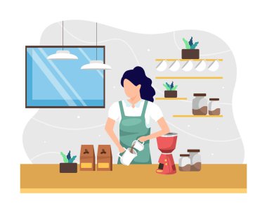 Female worker working as barista coffee shop. Manual brew coffee, Young women as barista pouring and processing coffee preparations. Vector illustration in a flat style