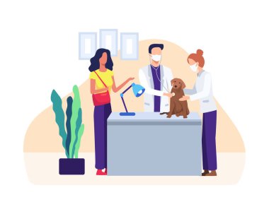 Doctor in uniform holding pet, Veterinary clinic. Healthcare service or medical for domestic animals. Veterinarian with pets, Vector illustration in a flat style