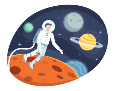 Astronaut exploring outer space, Astronaut floating in the stratosphere. Cosmonaut in spacesuit, Spacewalk against stars and planets in background. Vector flat style