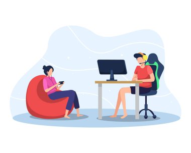 Playing online games, Boy playing online game on PC, Girl playing mobile game. Concept of Professional gamer, Online streaming illustration. Vector flat style