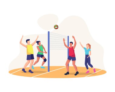Sahada voleybol oynayan erkek ve kadınlar, takım çalışması sporları. Birlikte voleybol oynayan insanlar, spor, sağlıklı yaşam tarzı. Düz bir biçimdeki vektör