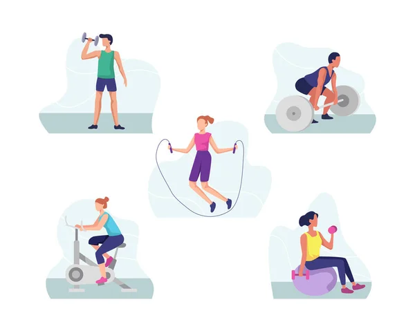 Man Women Sport Gym Sport Exercise Character People Exercise Gym — Stock Vector