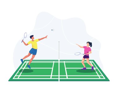 Badminton oyuncusu zıplayarak şutu atmaya hazır ol, erkek ve kadın badminton oyuncusu. Sahada mekik ile badminton oynayan insanlar. Düz bir şekilde vektör illüstrasyonu