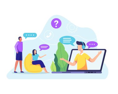 Kulaklık takmış genç bir operatör. Müşteri hizmetleri temsilcisi müşteriyle konuşuyor. Çevrimiçi müşteri desteği, yardım masası. Vektör düz biçimi