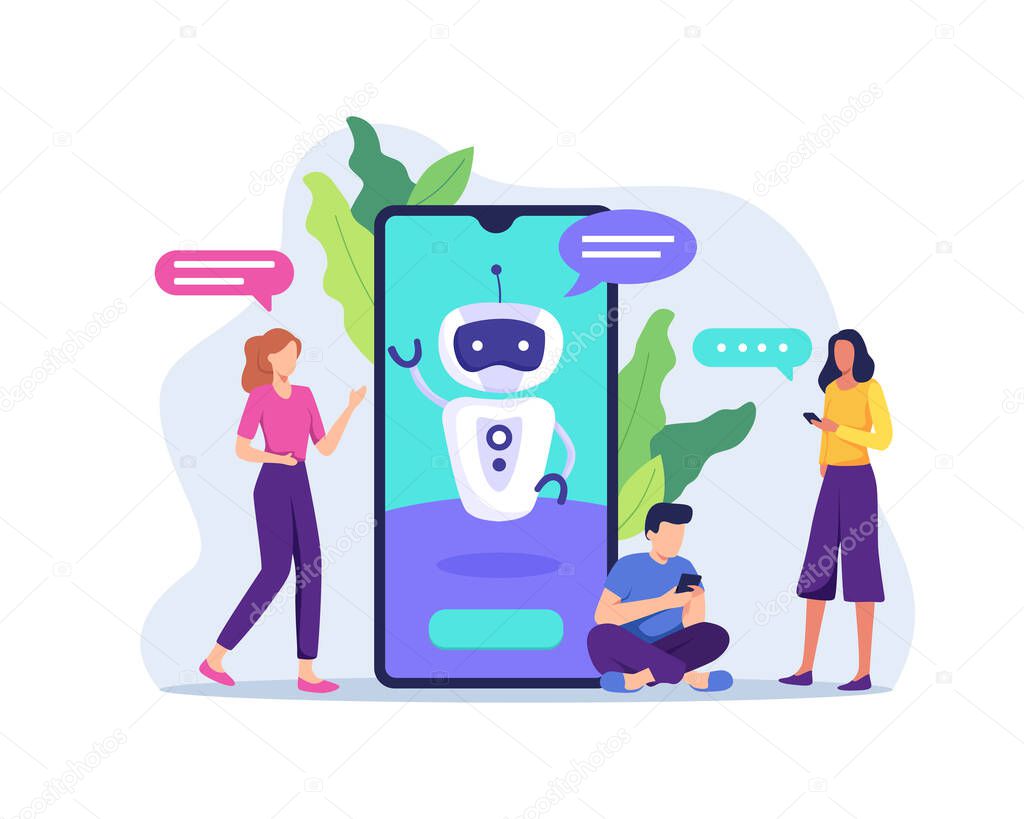 Ai technology with chat bot receiving client messages. Future marketing, Smart artificial intelligence bot online talking helping client. Vector in a flat style