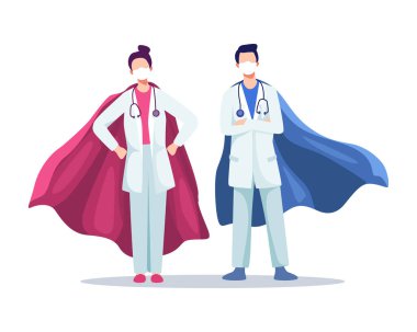 Erkek ve kadın doktorlar süper kahraman maskesi takıyor, gerçek kahramanlar, Coronavirus salgını. Maskeli ve steteskoplu hastane tıbbi personeli. Vektör düz biçimi