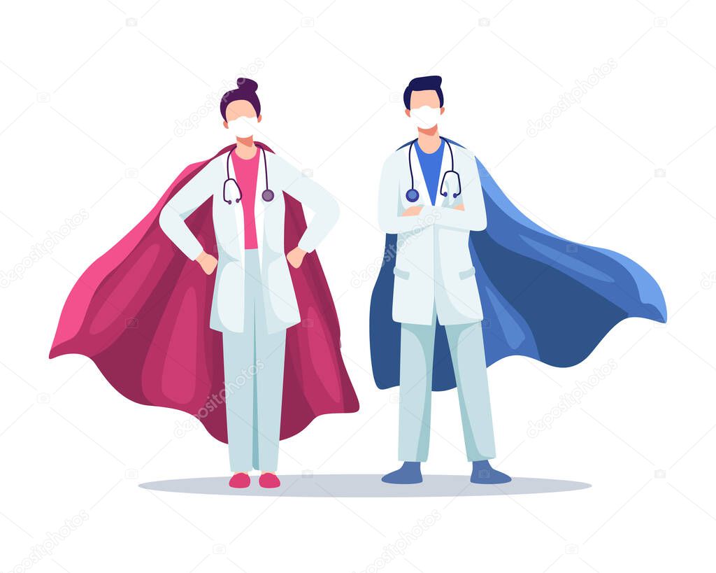 Male and female doctors wearing masks with superhero cloaks, Real heroes, Coronavirus outbreak. Hospital medical staff with masks and stethoscope. Vector flat style