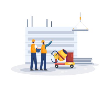 İnşaat işçisi elinde planlar, mimarlar bir projeyi tartışıyor. Binaların yükselişi, müteahhit ve mühendis karakteri. Düz bir şekilde vektör illüstrasyonu