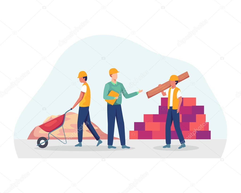Professional contractors and engineers working on architecture project. Worker carrying wooden plank, mortar, Foremen and construction worker concept. Vector flat style