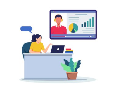 Masada oturan bir kadın, dizüstü bilgisayara bakıyor ve online kursla ders çalışıyor. Video dersi, E-öğrenme konsepti. Mesafe öğrenme ya da çevrimiçi test. Düz bir biçimdeki vektör