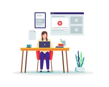 Masada oturan bir kadın, sınavda çalışıyor. Çevrimiçi kursları izleyen öğrenci, uzaktan eğitim, E-öğrenme, çevrimiçi eğitim. Evde internetten öğreniyorum. Düz biçimli vektör