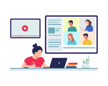 Bilgisayarlı genç kız öğrenci evden online ders alıyor. Video görüşmesi, iş arkadaşları ve arkadaşlarla internet konferansı, çevrimiçi grup toplantısı. Düz bir biçimdeki vektör