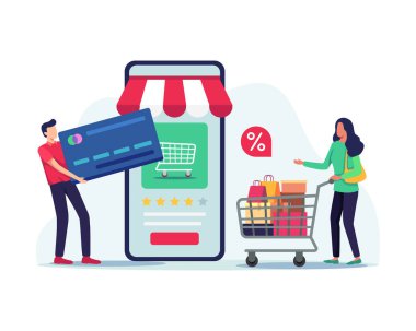 Arabalı bir kadın, büyük bir kredi kartı taşıyan genç bir adam. Alışveriş ve ödemeler cep telefonuyla, insanlar online işlem yapıyor. Düz bir şekilde vektör illüstrasyonu