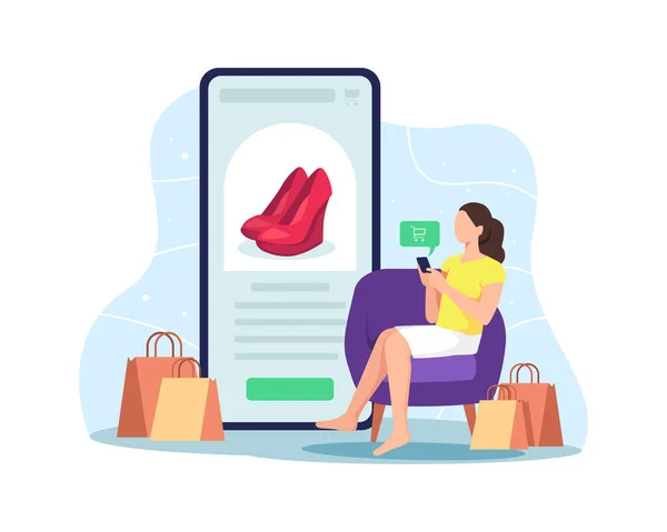 Woman Sitting Couch Shopping Online Home Using Mobile Phone Customer — Stock Vector