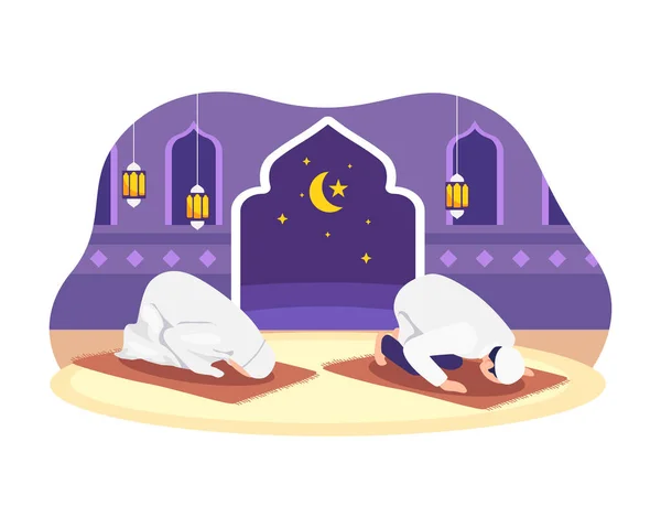 Muslim people tarawih prayer in congregation. Muslim Perform taraweeh prayer night during ramadan. Prayers in congregation at home. Vector in flat style