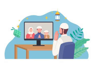 Kurban Bayramı 'nı kutlayan Müslüman bir adam. İslamcılar bayram bayramında telekonferansla selamlıyorlar. Düz bir şekilde vektör illüstrasyonu