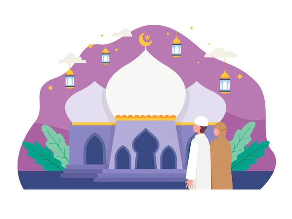 Muslim people going to mosque for prayer. Muslim family going to mosque during Ramadan to pray. Vector illustration in a flat style
