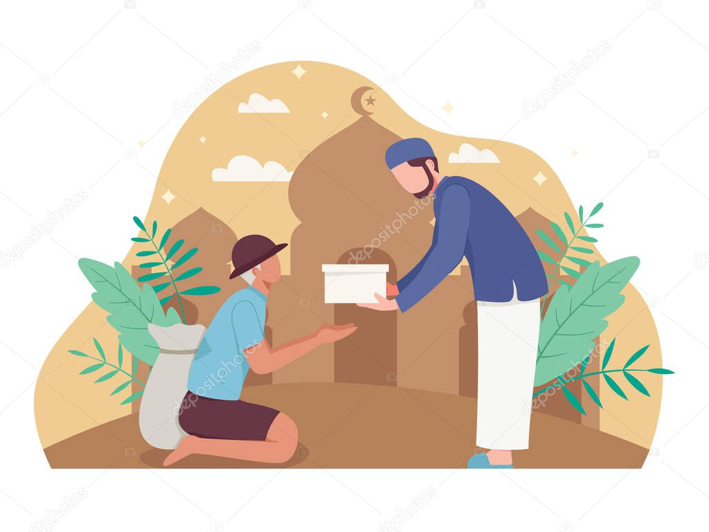 Man giving alms or zakat in the holy month of Ramadan. Muslim giving donation to a poor homeless man. Vector illustration flat style