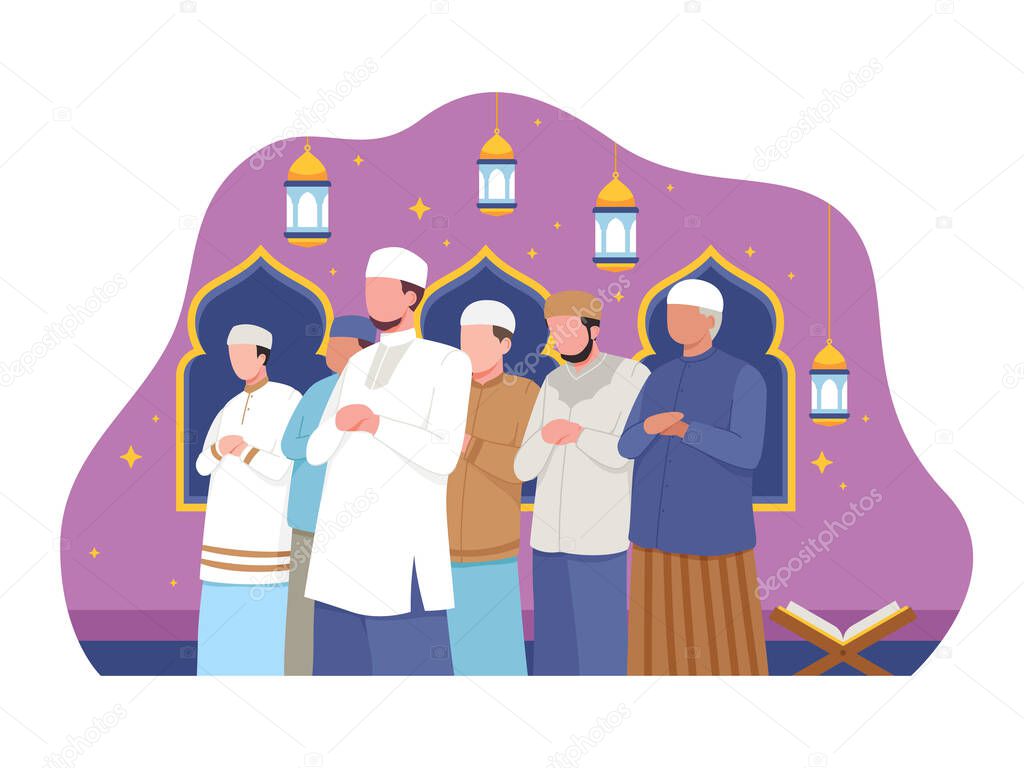 Muslim people perform taraweeh prayer night during Ramadan. Prayers in congregation at the mosque. Vector illustration in a flat style
