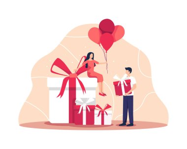 Arkadaşınla doğum günü kutlaman kutlu olsun. Hediye kutusu olan genç bir çift, doğum günü partisinde eğlenen erkek ve kadın. Düz bir şekilde vektör illüstrasyonuName