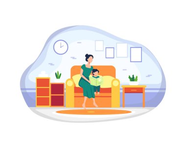 Kızıyla mutlu bir anne. Anne ve kızı kanepede oturmuş masal kitabı okuyorlar. Uyku zamanı hikâyesi, anne çocuk yetiştirme kavramı. Düz bir şekilde vektör illüstrasyonu