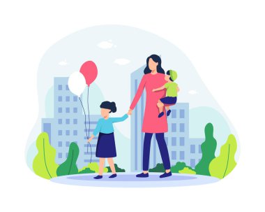 Anne ve çocukları parkta yürüyorlar. Aile birlikte vakit geçiriyoruz, mutlu ebeveynler ve kız ve oğul birlikte eğleniyorlar. Balonlu küçük kız. Düz bir şekilde vektör illüstrasyonu