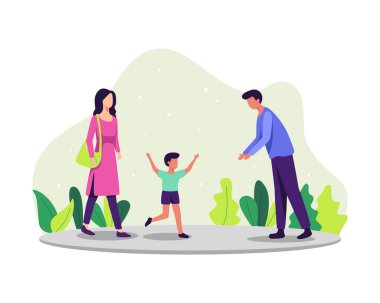 Ebeveyn konsepti çizimi. Aile birlikte eğleniyor, ebeveynler ve oğulları. Küçük çocuk babasına koştu. Düz bir şekilde vektör illüstrasyonu