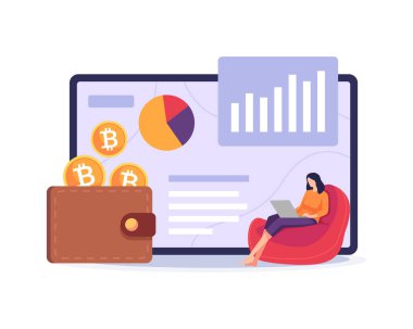 Bitcoin cüzdan çizimi. Dijital parayla ödeme yöntemi, kripto para madenciliği kavramı. Kanepede dizüstü bilgisayarlı, dijital para cüzdanı olan bir kadın oturuyor. Düz bir şekilde vektör illüstrasyonu