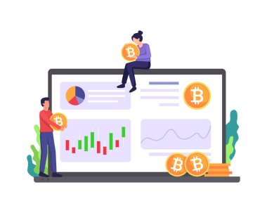 Kripto para piyasası illüstrasyonu. İnsanlar grafiği, dijital borsa ticaretini, dijital para yatırımını analiz eder. Bitcoin konsepti, kripto para birimi ve engelleme teknolojisi. Düz bir biçimdeki vektör