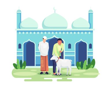 Kurban Bayramı Qurban kutlaması. Tüm Müslümanları çiftlik hayvanlarını katletmekle kutladı. Qurban için keçi tutan insanlar. Kurban Bayramı 'nız kutlu olsun. Hayvanların kurban edilmesi. Düz biçimli vektör illüstrasyonu
